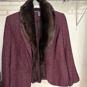 Red Wool Blend Blazer with Brown Fur Collar